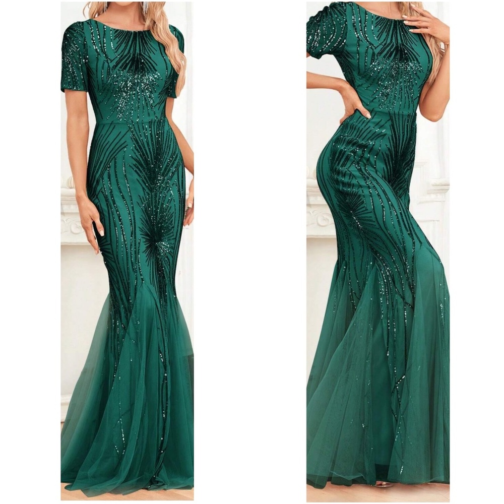 Luxe Green Sequin Mermaid Hem Party Evening Wedding Dress - Picture 1 of 3